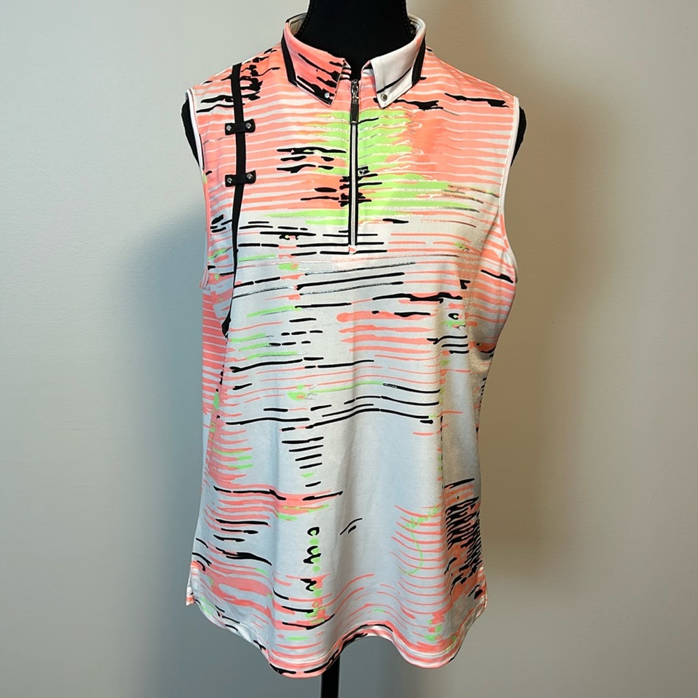 Jamie Sadock White Coral Black 1/4 Zip Sleeveless Golf Shirt Sz L